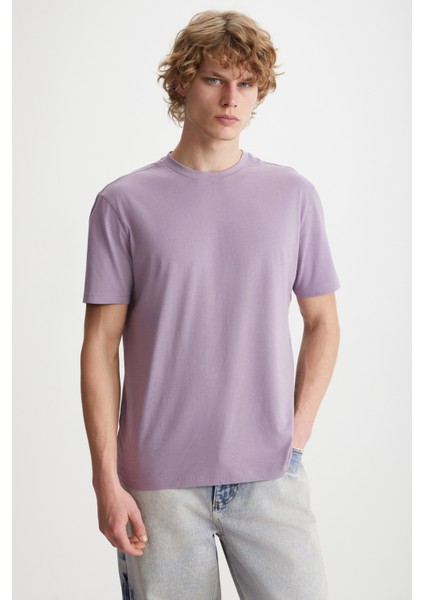 MICHEL Erkek Slim Fit Dar Kesim %100 Organik Pamuklu Basic Örme Lila T-Shirt