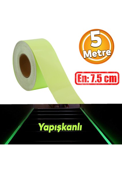 Fotolümen Gece Parlayan 7.5 cm Yeşil Reflektörlü Fosforlu Reflektif Düz Şerit Bant 5 mt Ikaz Bandı