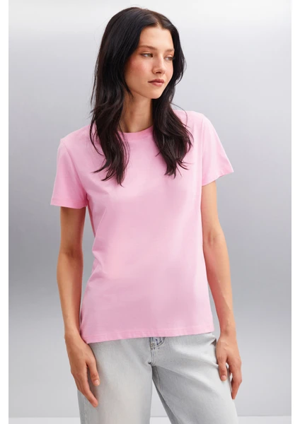 Samantha Kadın Comfort Fit %100 Organik Pamuklu Basic Örme Pembe T-shirt