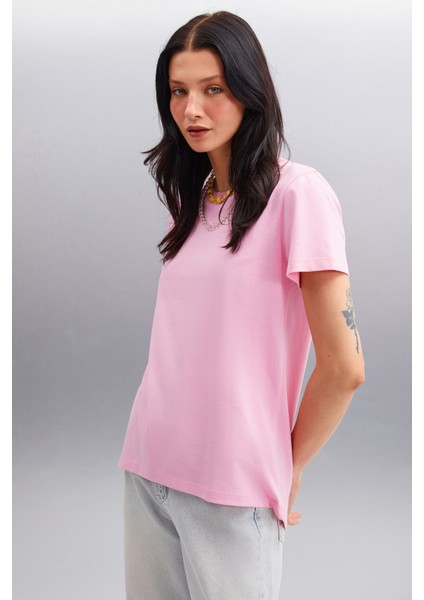 Samantha Kadın Comfort Fit %100 Organik Pamuklu Basic Örme Pembe T-shirt