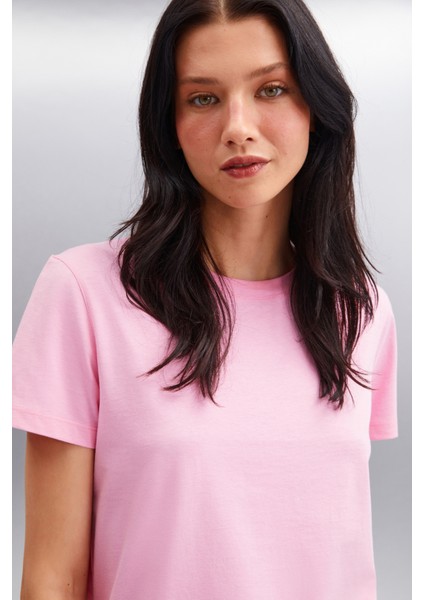 Samantha Kadın Comfort Fit %100 Organik Pamuklu Basic Örme Pembe T-shirt