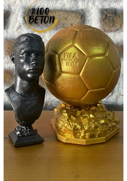 Ronaldo 13 cm ve Ballon D'or 15 cm Boyunda-Hediye Paketi ile Beraber Beton Büst/figür/biblo