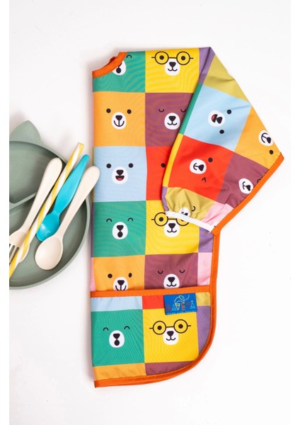 Colour Bear Desenli Sıvı Geçirmez Uzun Kol Aktivite ve Mama Önlüğü 6-24 Ay