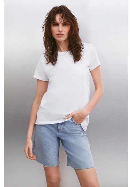 Samantha Kadın Comfort Fit %100 Organik Pamuklu Basic Örme Beyaz T-shirt