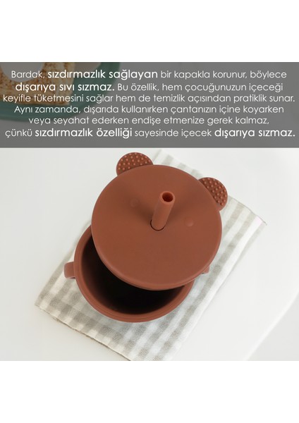 Meleni Baby Sızdırmaz Kapaklı , Silikon Pipetli Bebek Alıştırma Bardağı, Silikon Bebek Beslenme Bardağı- Kahve