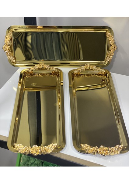 Gold Dikdörtgen 3 Adet Kulplu Model Servis ve Sunum Tepsisi