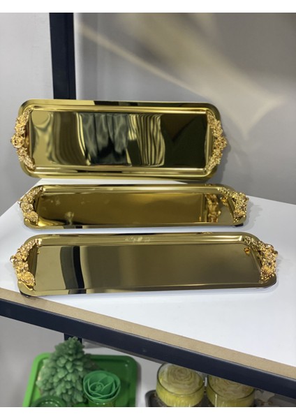Gold Dikdörtgen 3 Adet Kulplu Model Servis ve Sunum Tepsisi