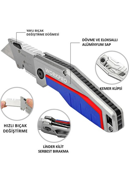 WP211012 Ağır Hizmet Alüminyum Gövde Katlanır Rötuş Maket Bıçağı + 10 Adet Yedek Bıçak