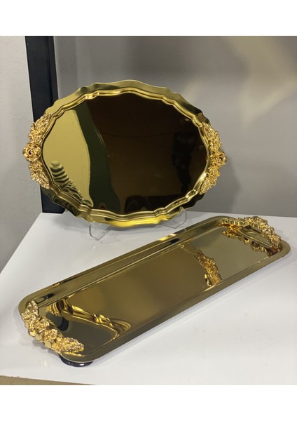 Gold Kaplama Oval ve Dikdörtgen Kulplu Model Servis ve Sunum Tepsisi