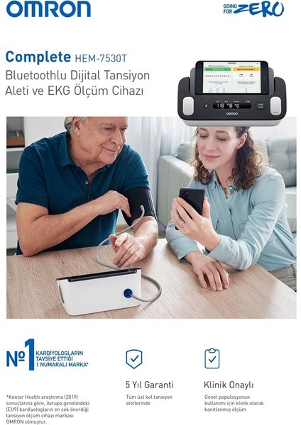 Evde Hipertansiyon Takibi ve AFib Taraması için OMRON Complete Akıllı Ev Tansiyon Aleti ve EKG 2'si 1 Arada