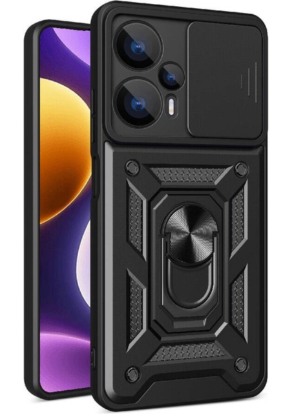 Xiaomi Poco F5 Uyumlu Hlp Kılıf Magnetik Standlı Kamera Korumalı Zore Sürgülü Vega Kapak-Siyah