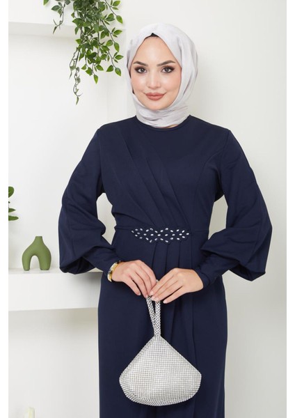 Aplike Taşlı Uzun Günlük Abiye Elbise 2723