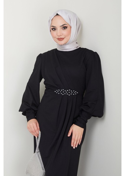 Aplike Taşlı Uzun Günlük Abiye Elbise 2723