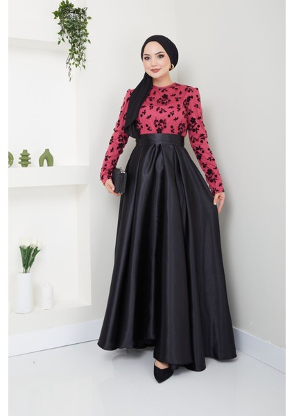 Flok Desenli Saten Abiye 2709