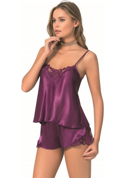 Shopidik Mor Saten Babydoll Şort Takımı