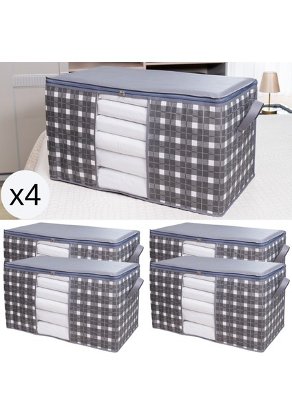 4 Adet Mega Boy Pencereli Kare Desenli Ekose Gri Yastık Yorgan Düzenleyici Hurç Seti 90X50X50 cm