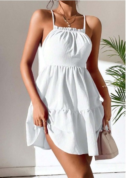 Kadın Beyaz Petite Fırfırlı Sırt Dekolteli Yazlık Elbise modelleri