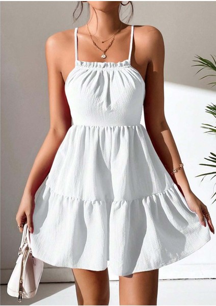 Kadın Beyaz Petite Fırfırlı Sırt Dekolteli Yazlık Elbise fırsatları