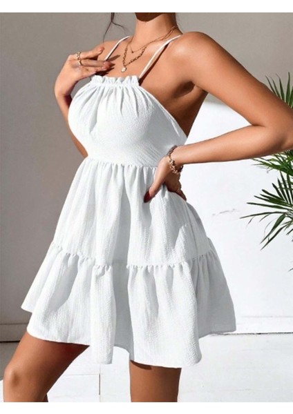 Kadın Beyaz Petite Fırfırlı Sırt Dekolteli Yazlık Elbise indirimleri