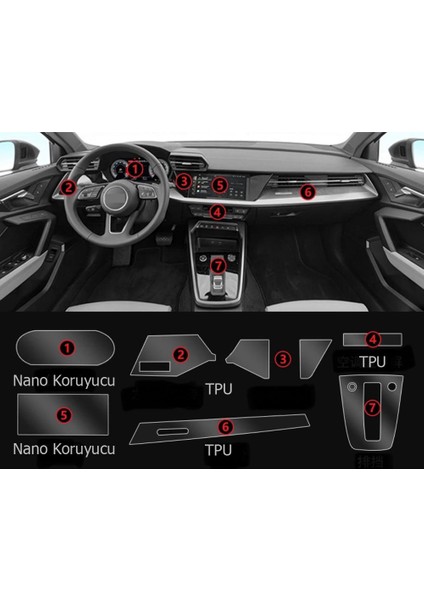 Audi A3 Navigasyon Dijital Gösterge Nano ve Piano Black Uyumlu Tpu Koruyucu 7 Li Set 2021 2023