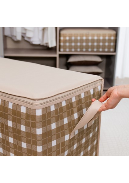 4 Adet Mega Boy Pencereli Kare Desenli Ekose Bej Yastık Yorgan Düzenleyici Hurç Seti 90X50X50 cm fiyatları