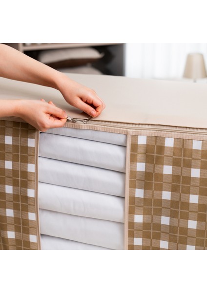 4 Adet Mega Boy Pencereli Kare Desenli Ekose Bej Yastık Yorgan Düzenleyici Hurç Seti 90X50X50 cm modelleri