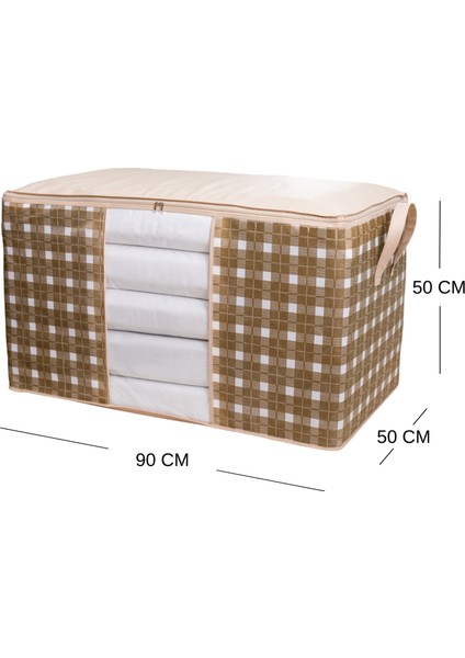 4 Adet Mega Boy Pencereli Kare Desenli Ekose Bej Yastık Yorgan Düzenleyici Hurç Seti 90X50X50 cm