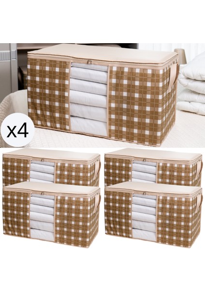4 Adet Büyük Boy Pencereli Kare Desenli Ekose Bej Yastık Yorgan Düzenleyici Hurç Seti 75X40X40 cm