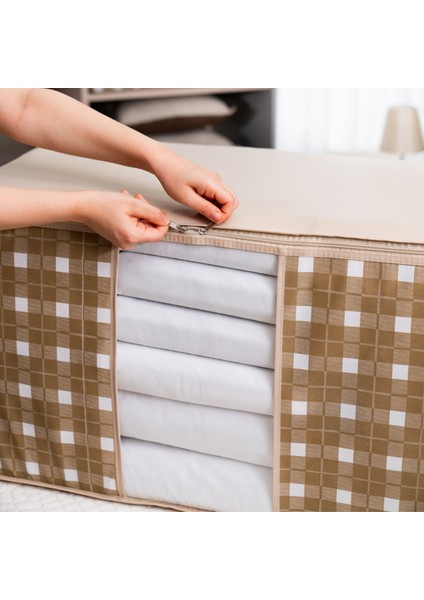4 Adet Büyük Boy Pencereli Kare Desenli Ekose Bej Yastık Yorgan Düzenleyici Hurç Seti 75X40X40 cm modelleri