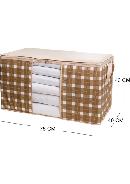 4 Adet Büyük Boy Pencereli Kare Desenli Ekose Bej Yastık Yorgan Düzenleyici Hurç Seti 75X40X40 cm
