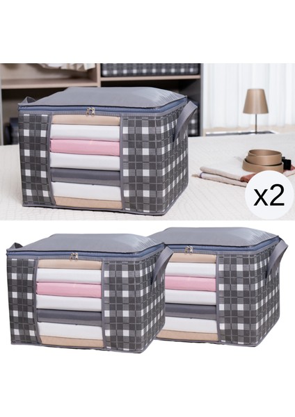 2 Adet Orta Boy Pencereli Kare Desenli Ekose Gri Kazak Pike Battaniye Düzenleyici Hurç Seti 45X40X30 cm