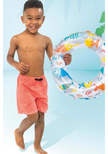 Balık Basklı Simit 51 cm (3-6 Yaş) Yüzme Simidi Havuz Deniz Şişme Yüzücü  Sea Ring Pool