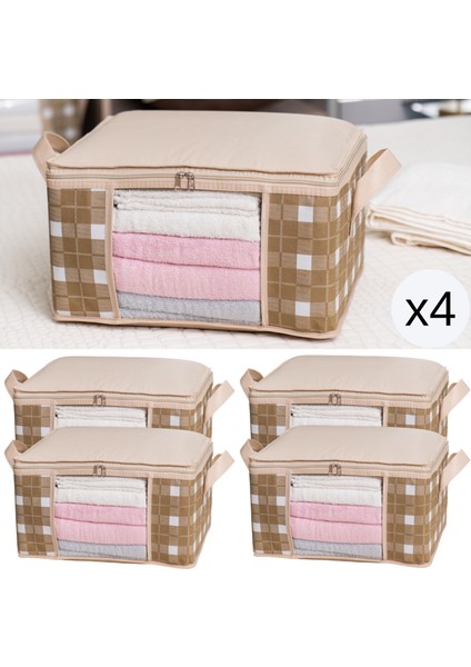 4 Adet Küçük Boy Pencereli Kare Desenli Ekose Bej Dolap Içi Baza Altı Valiz Içi Düzenleyici Hurç Seti 40X30X20 cm
