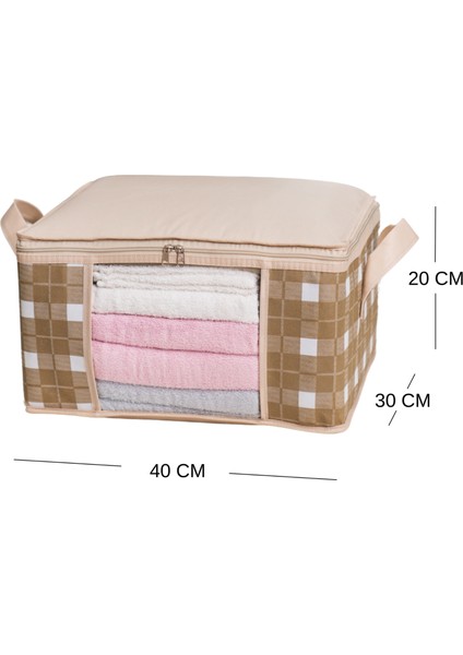 4 Adet Küçük Boy Pencereli Kare Desenli Ekose Bej Dolap Içi Baza Altı Valiz Içi Düzenleyici Hurç Seti 40X30X20 cm