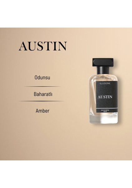 Austin EDP Erkek Parfüm, Odunsu-Baharatlı-Amber, Erik, Sedir, Paçuli, Misk, 100 ml