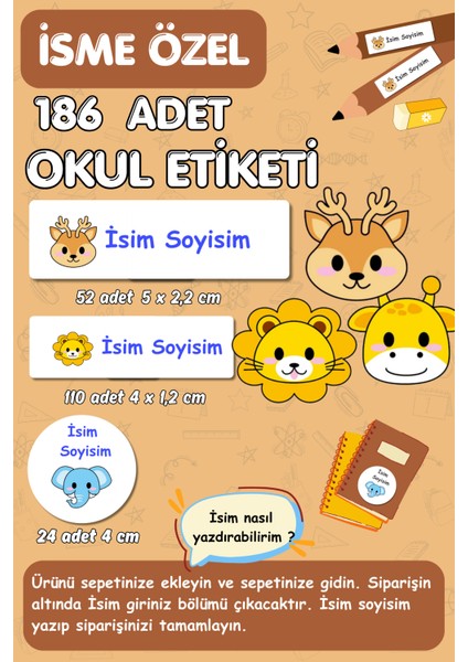 Hayvanlar Temalı Okul Etiketi, Kalem, Defter, Kitap Etiketi, Isme Özel Yazılabilen 186 Adet- E-003