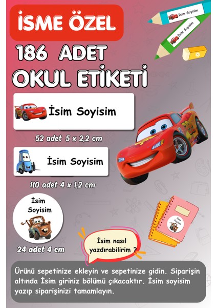Cars Arabalar Temalı Okul Etiketi Isme Özel Kalem Defter Kitap Etiketi - 186 Adet- E-001