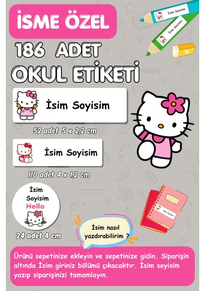 Hello Kitty Temalı /isme Özel Etiket / Okul Etiketi , Kalem Defter Kitap Etiketi 186 Adet/ E-002