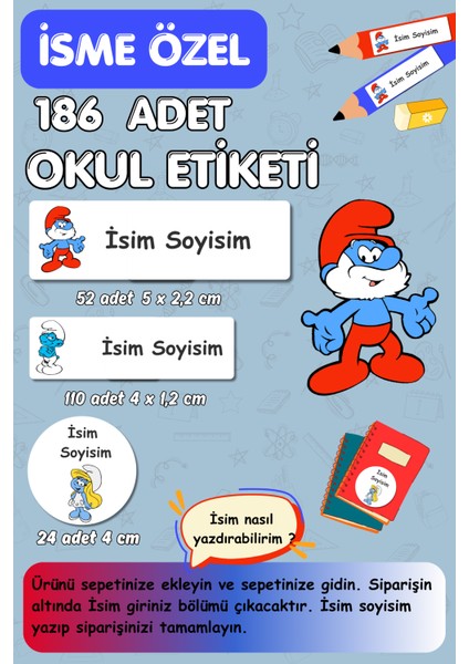 Şirinler Temalı Okul Etiketi /kalem Defter Kitap Etiketi - Isme Özel Etiket /186 Adet-E005