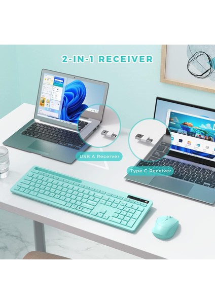 Kablosuz Klavye ve Mouse - Telefon Tutuculu USB Type-C - Yeşil