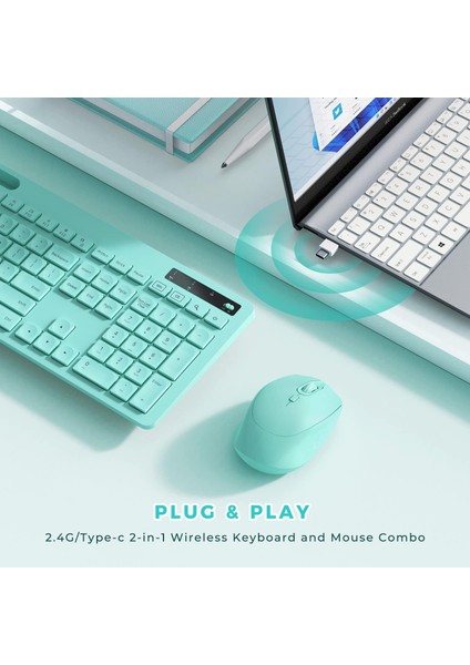 Kablosuz Klavye ve Mouse - Telefon Tutuculu USB Type-C - Yeşil
