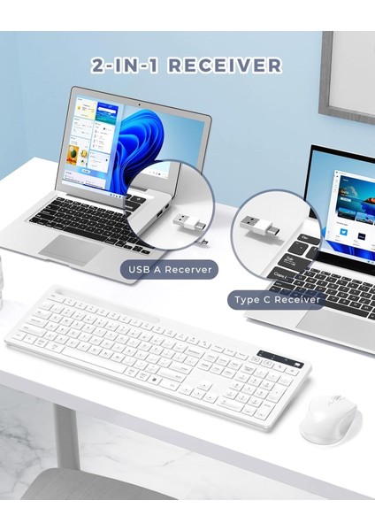 Kablosuz Klavye ve Mouse - Telefon Tutuculu USB Type-C - Beyaz