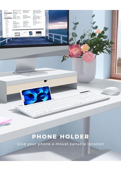 Kablosuz Klavye ve Mouse - Telefon Tutuculu USB Type-C - Beyaz
