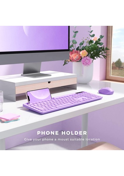 Kablosuz Klavye ve Mouse - Telefon Tutuculu USB Type-C - Mor