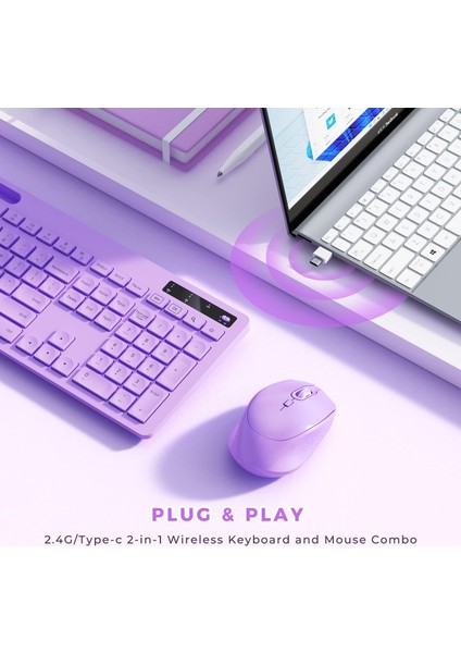 Kablosuz Klavye ve Mouse - Telefon Tutuculu USB Type-C - Mor