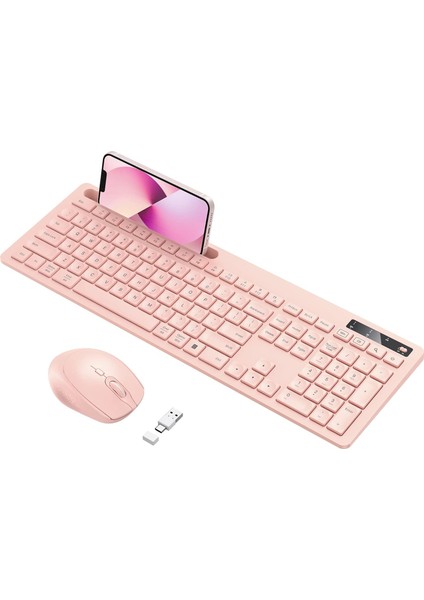 Kablosuz Klavye ve Mouse - Telefon Tutuculu USB Type-C - Bebek Pembesi