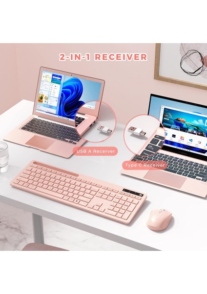 Kablosuz Klavye ve Mouse - Telefon Tutuculu USB Type-C - Bebek Pembesi