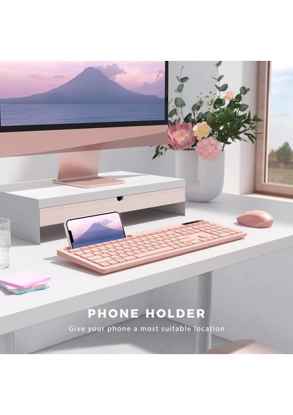Kablosuz Klavye ve Mouse - Telefon Tutuculu USB Type-C - Bebek Pembesi