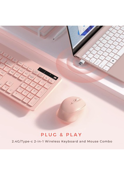 Kablosuz Klavye ve Mouse - Telefon Tutuculu USB Type-C - Bebek Pembesi
