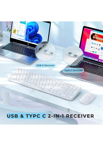 Kablosuz Klavye ve Mouse, USB ve Type-C - Beyaz